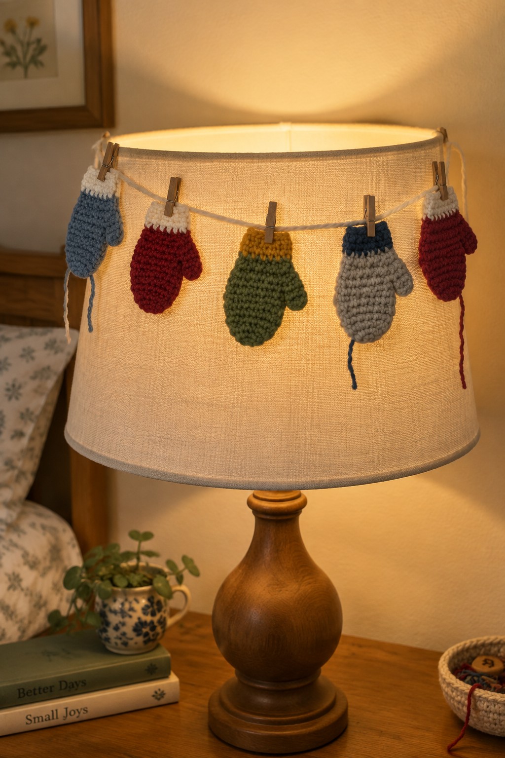 Colorful knitted mittens clipped with clothespins to a glowing lampshade