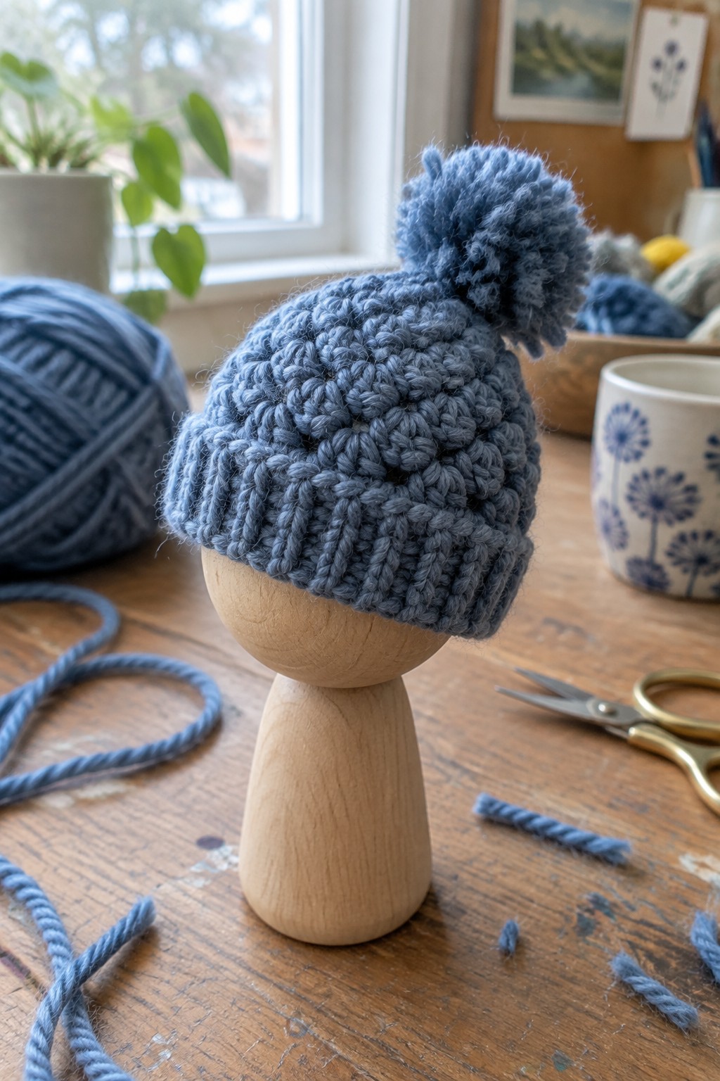 A small blue crocheted hat with a pom-pom sits on a wooden peg doll head next to yarn and scissors on a table.
