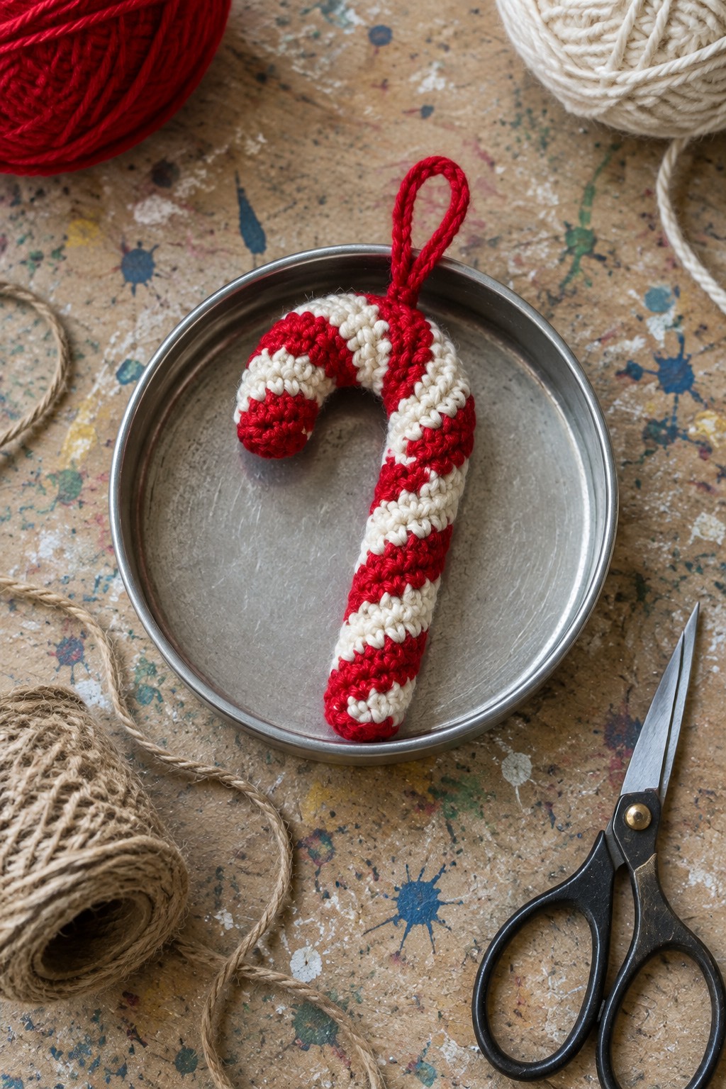 A red and white striped crocheted candy cane ornament with a hanging loop sits on a round metal tray next to yarn and scissors.