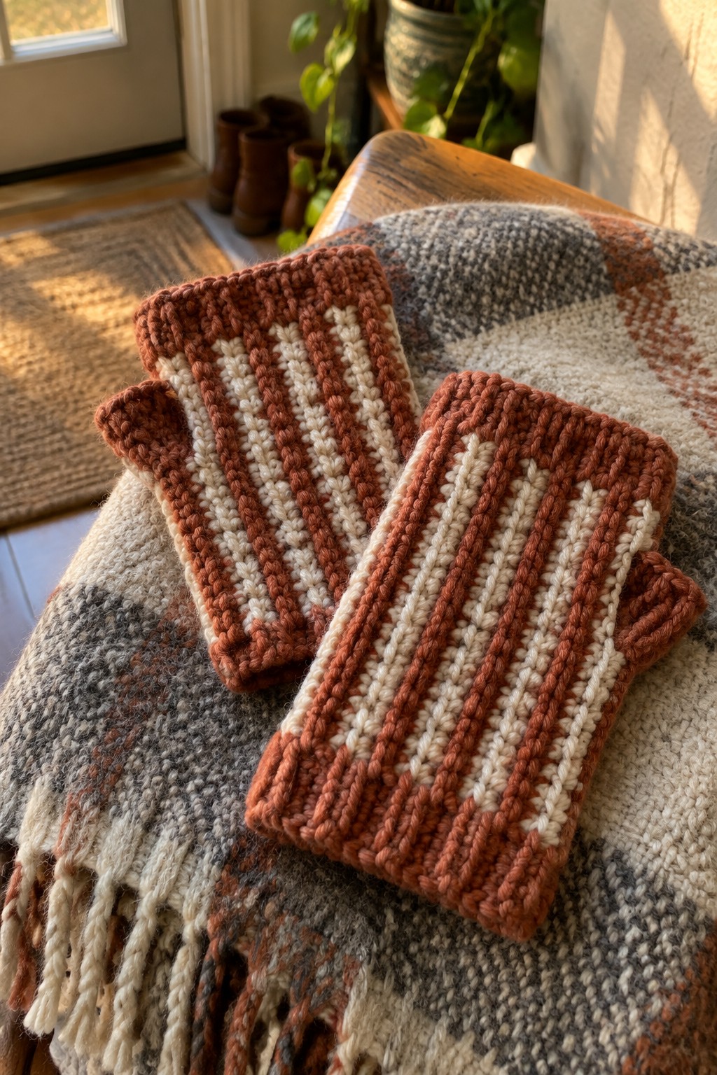 Rust and cream striped knit fingerless gloves on plaid blanket in sunlight