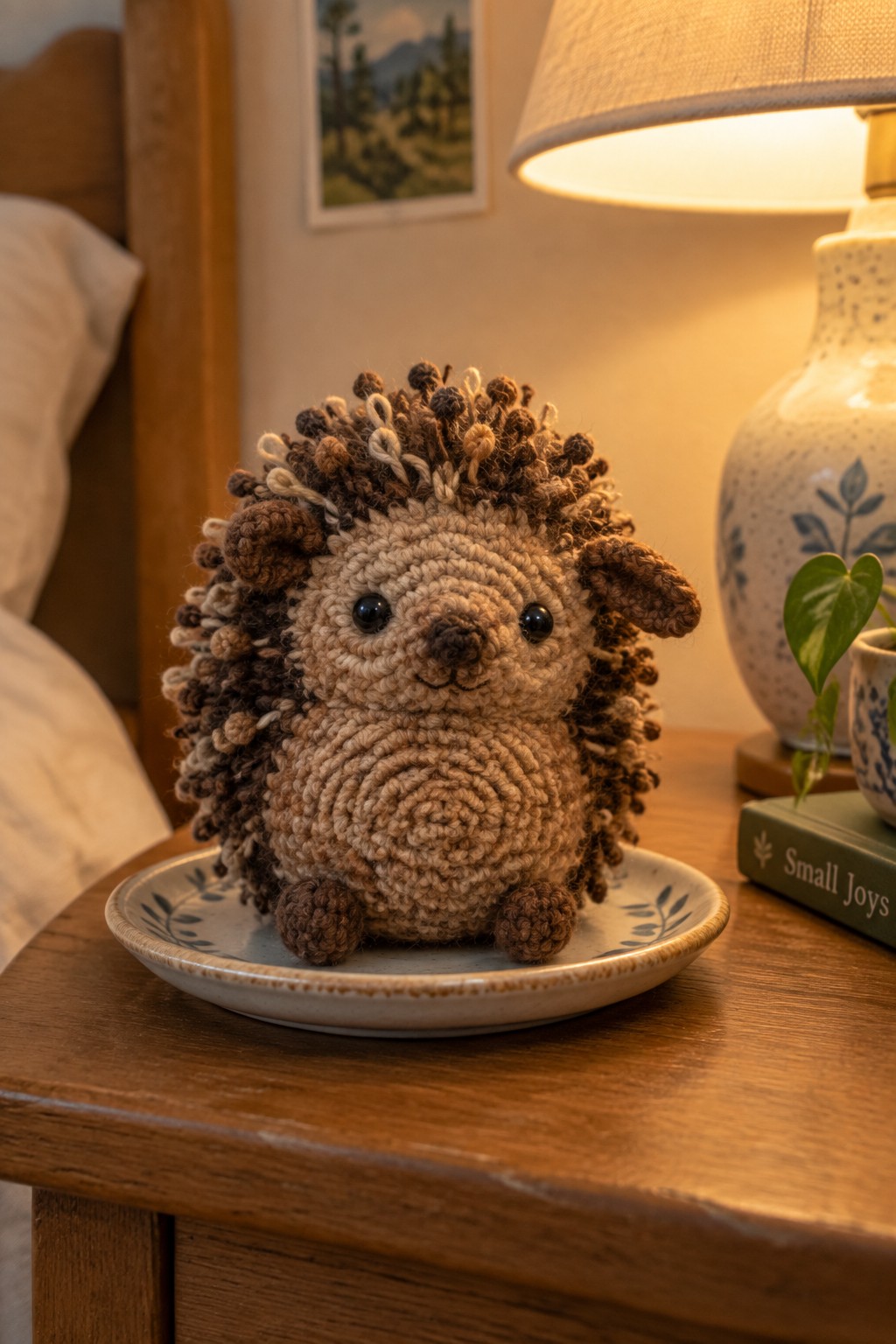 Crocheted brown hedgehog on a plate beside glowing lamp and book on nightstand