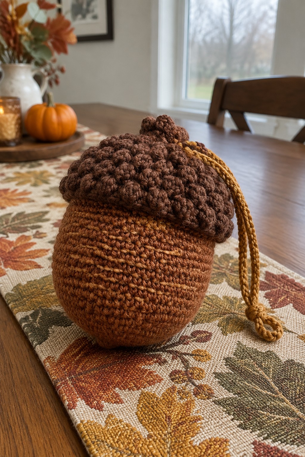 Crocheted acorn pouch in brown yarn with drawstring on autumn table runner