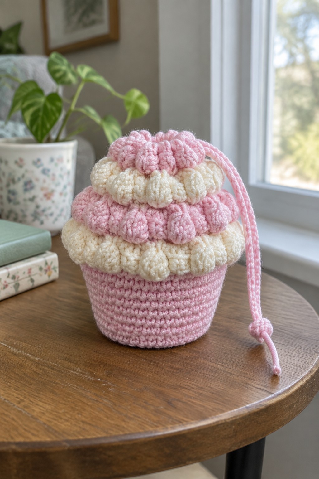 Crocheted pink cupcake pouch with cream bobble top and pink drawstring on wooden table.