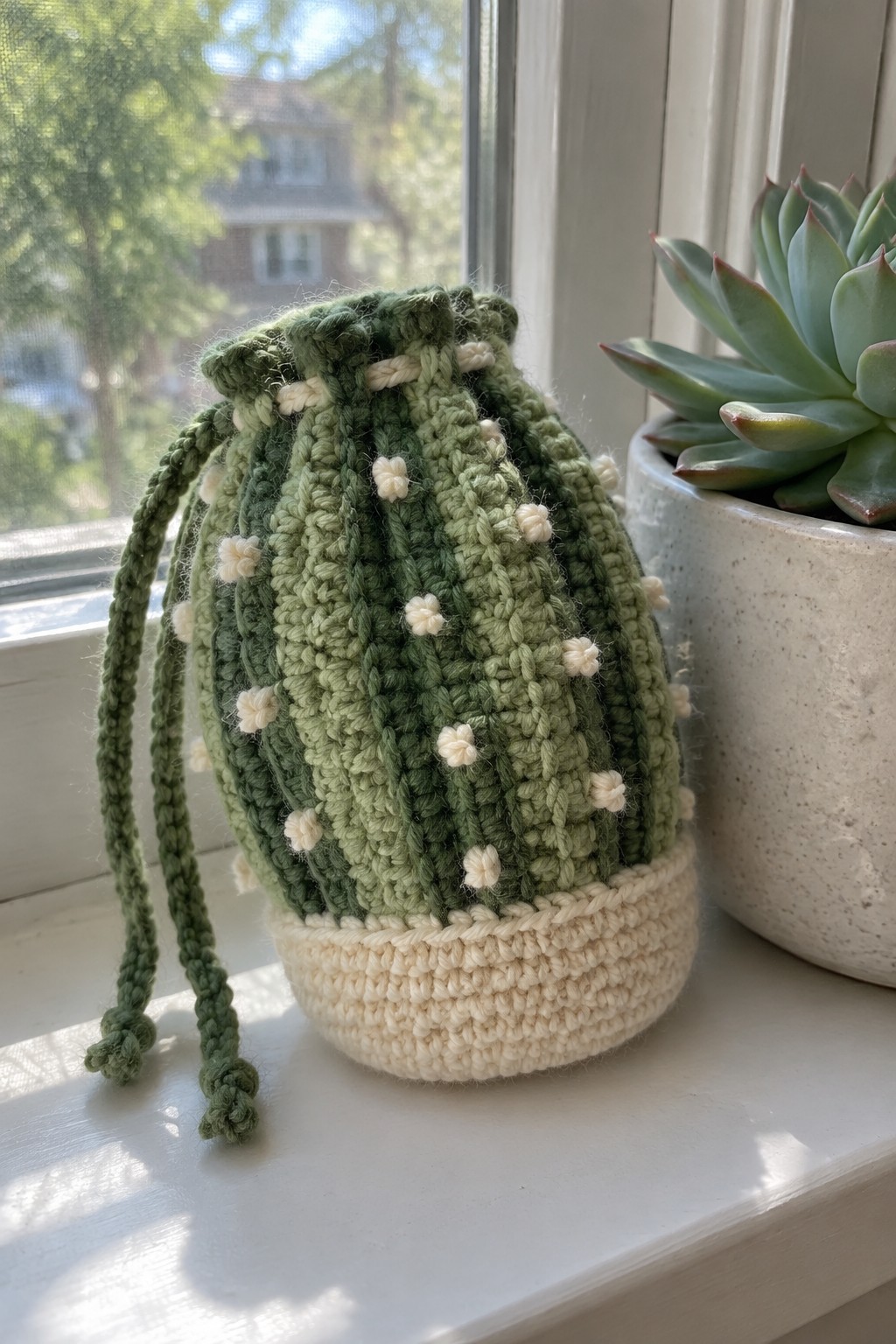 Green crocheted cactus pouch with white dots beside succulent on windowsill