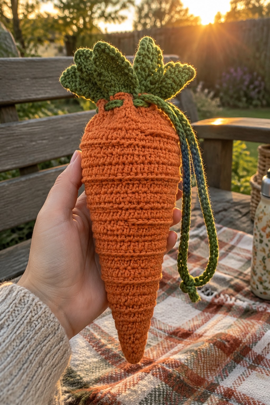 Hand in beige sweater holding crocheted orange carrot with green leaves at sunset