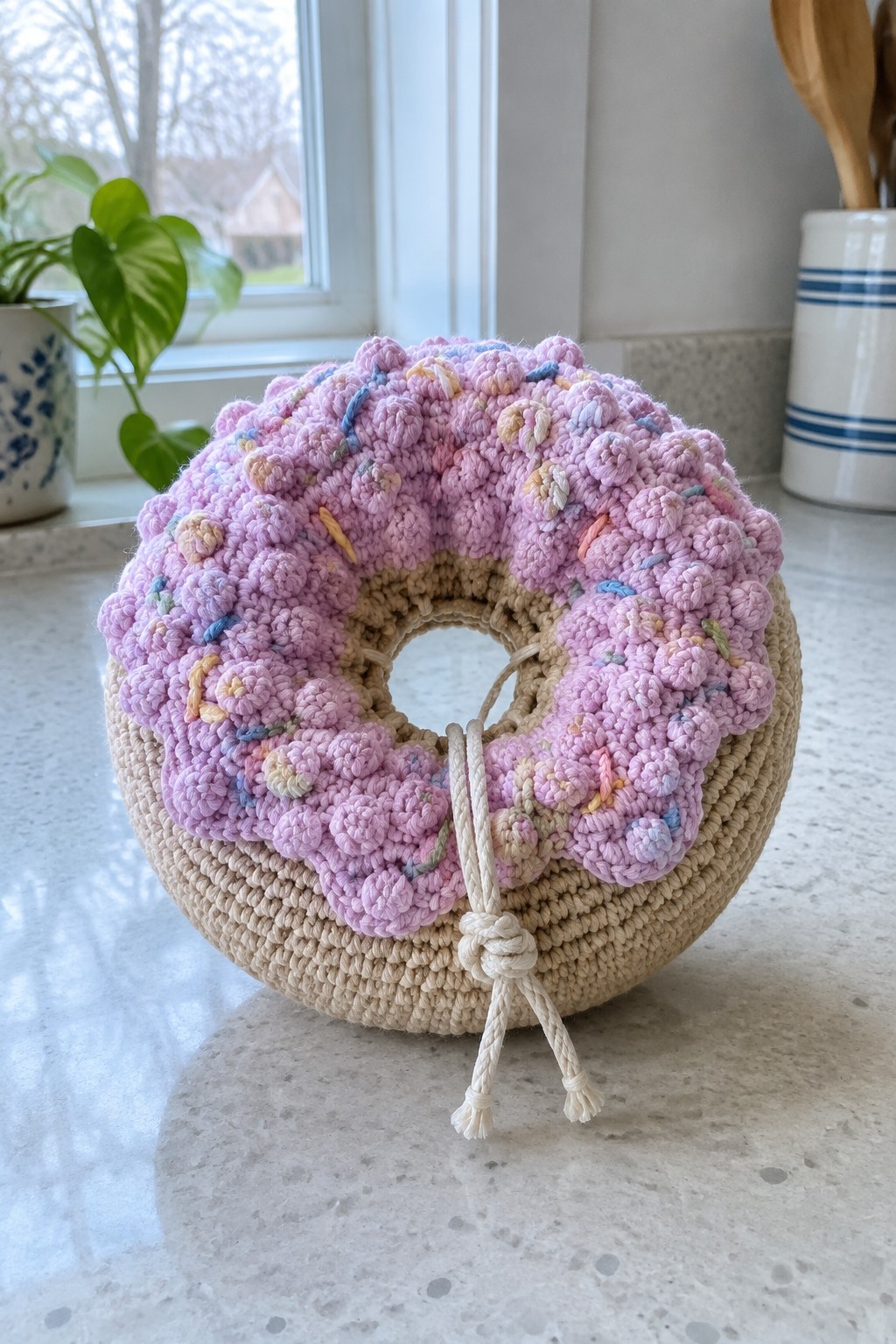 Pink crocheted donut bag with colorful sprinkles, beige base, and white drawstring on counter