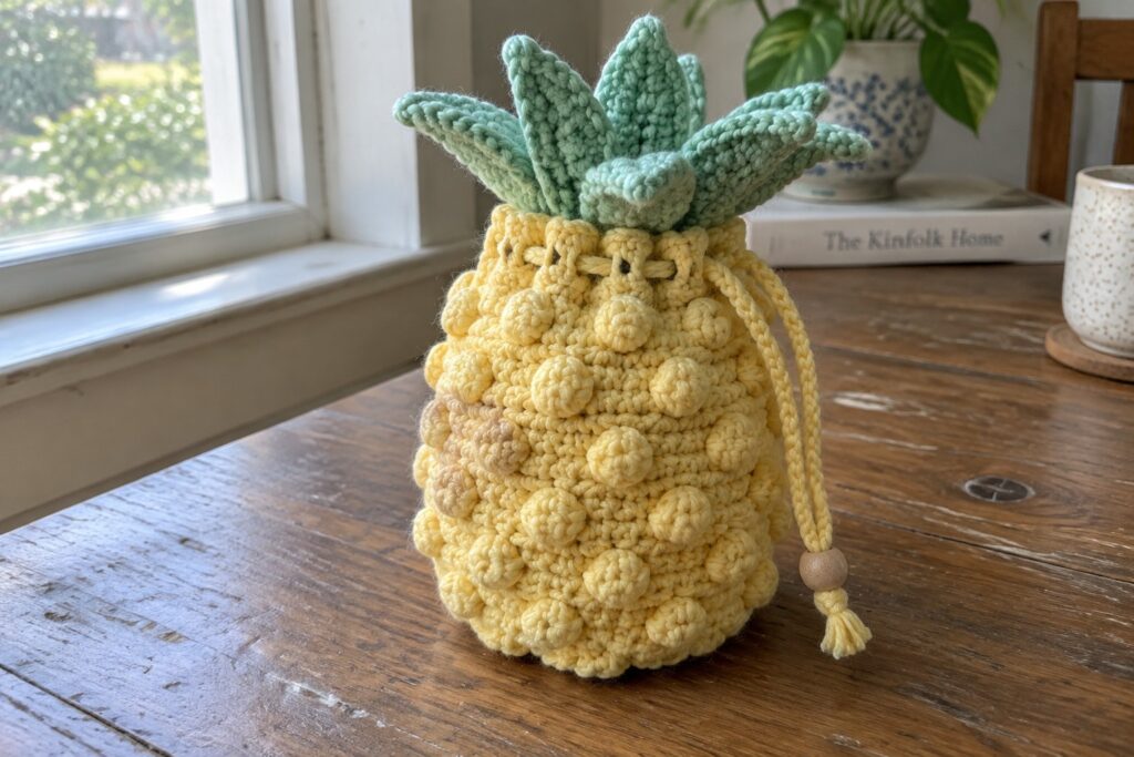 22 Simple Crochet Drawstring Bags for Lightweight Carrying Yellow crocheted pineapple drawstring pouch with green leaves on wooden table