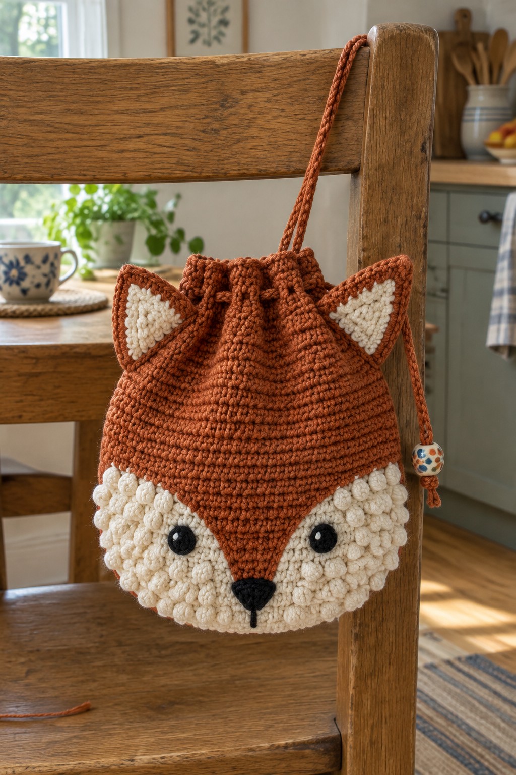 Crocheted orange fox drawstring bag with white muzzle on wooden chair