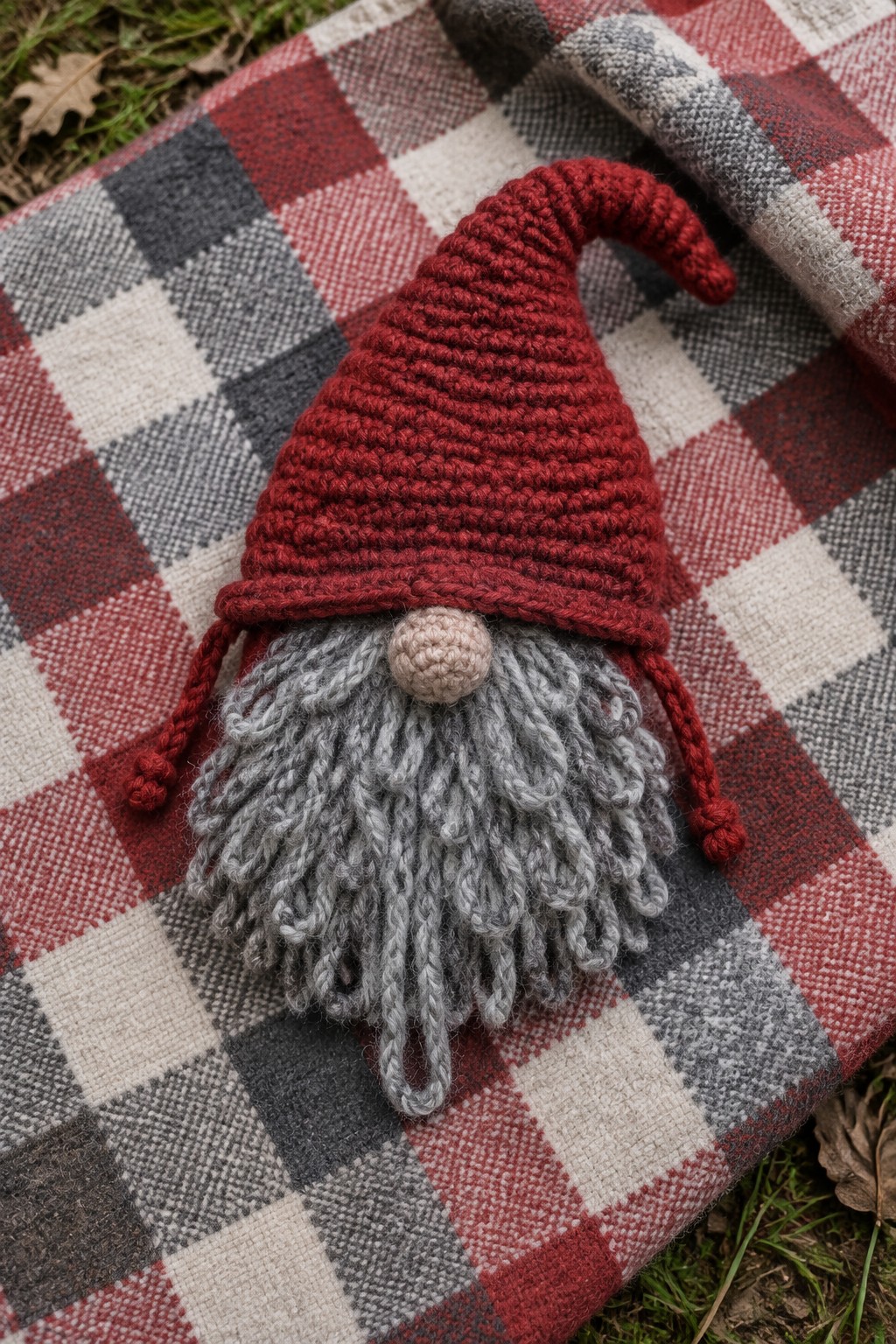 Knitted red gnome with gray beard on checkered plaid blanket outdoors
