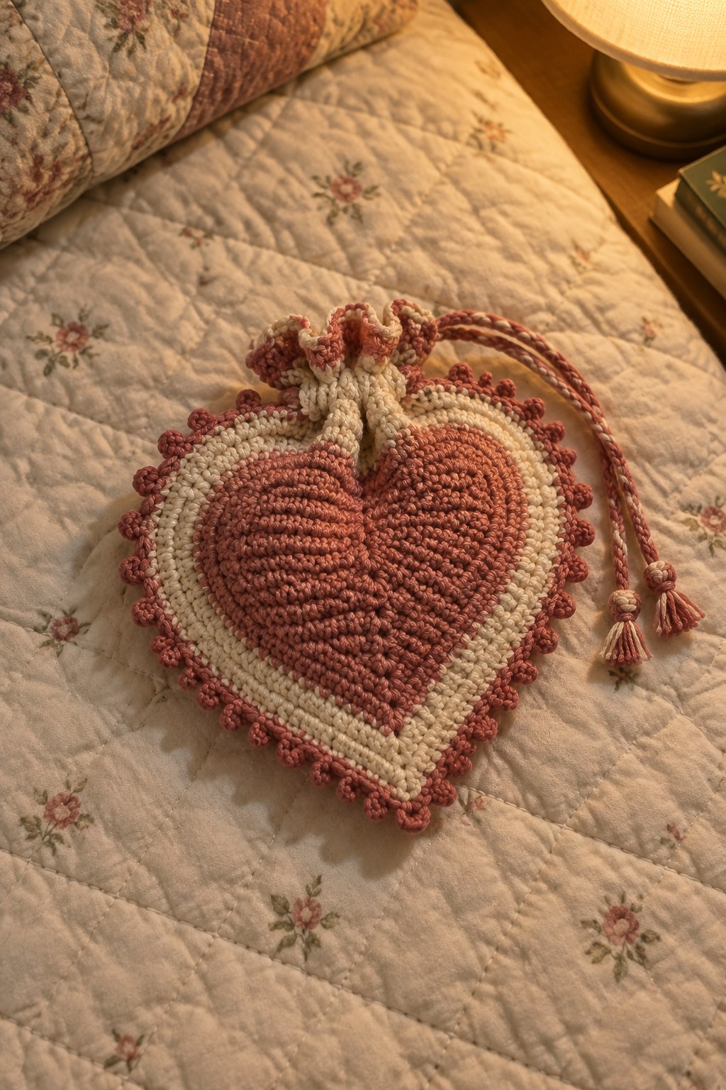 Pink and cream crocheted heart-shaped drawstring pouch on floral quilted bedspread