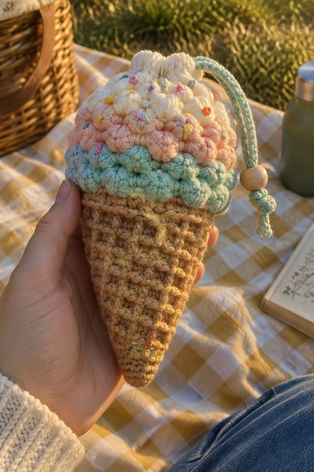 Hand holding crocheted pastel ice cream cone on yellow checkered picnic blanket.
