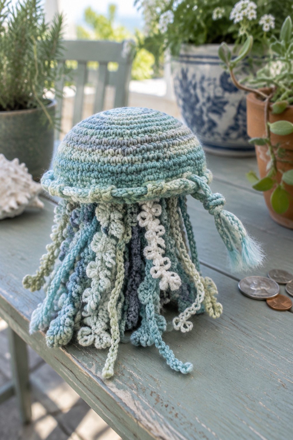 Crocheted jellyfish in pastel blues and greens on weathered wooden table with plants