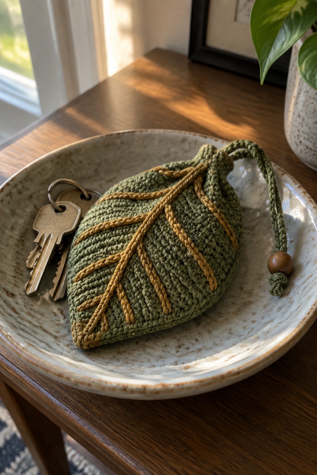 Green crocheted leaf pouch with keys on speckled ceramic plate in sunlight