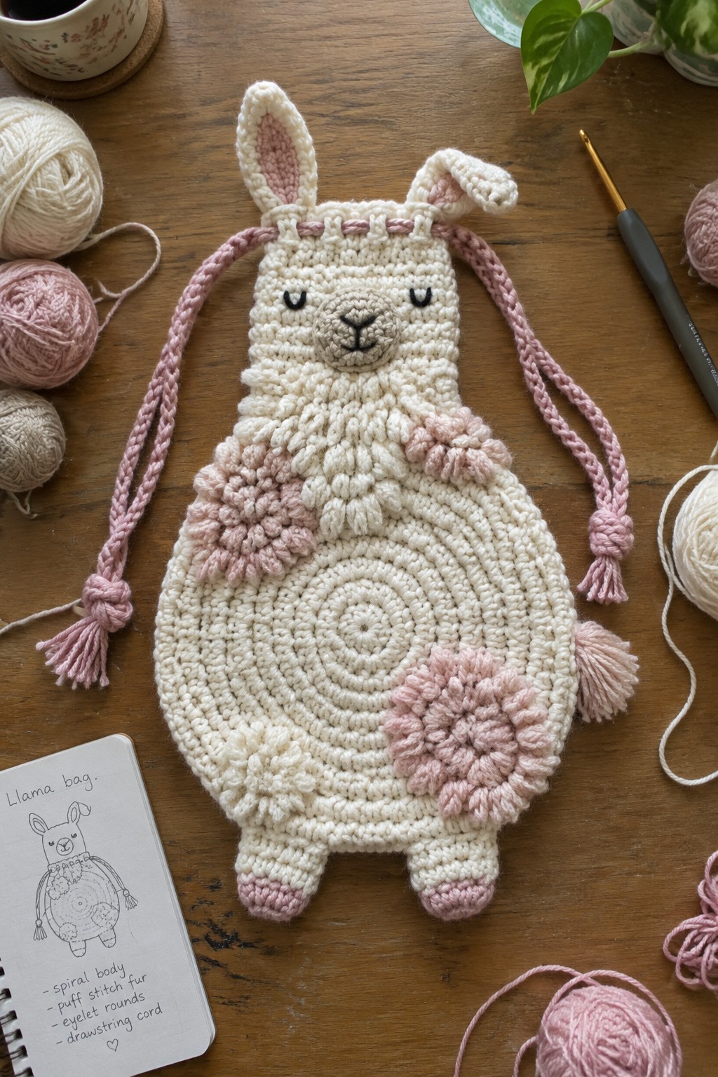 Crocheted white llama bag with pink flowers and drawstrings amid yarn and supplies