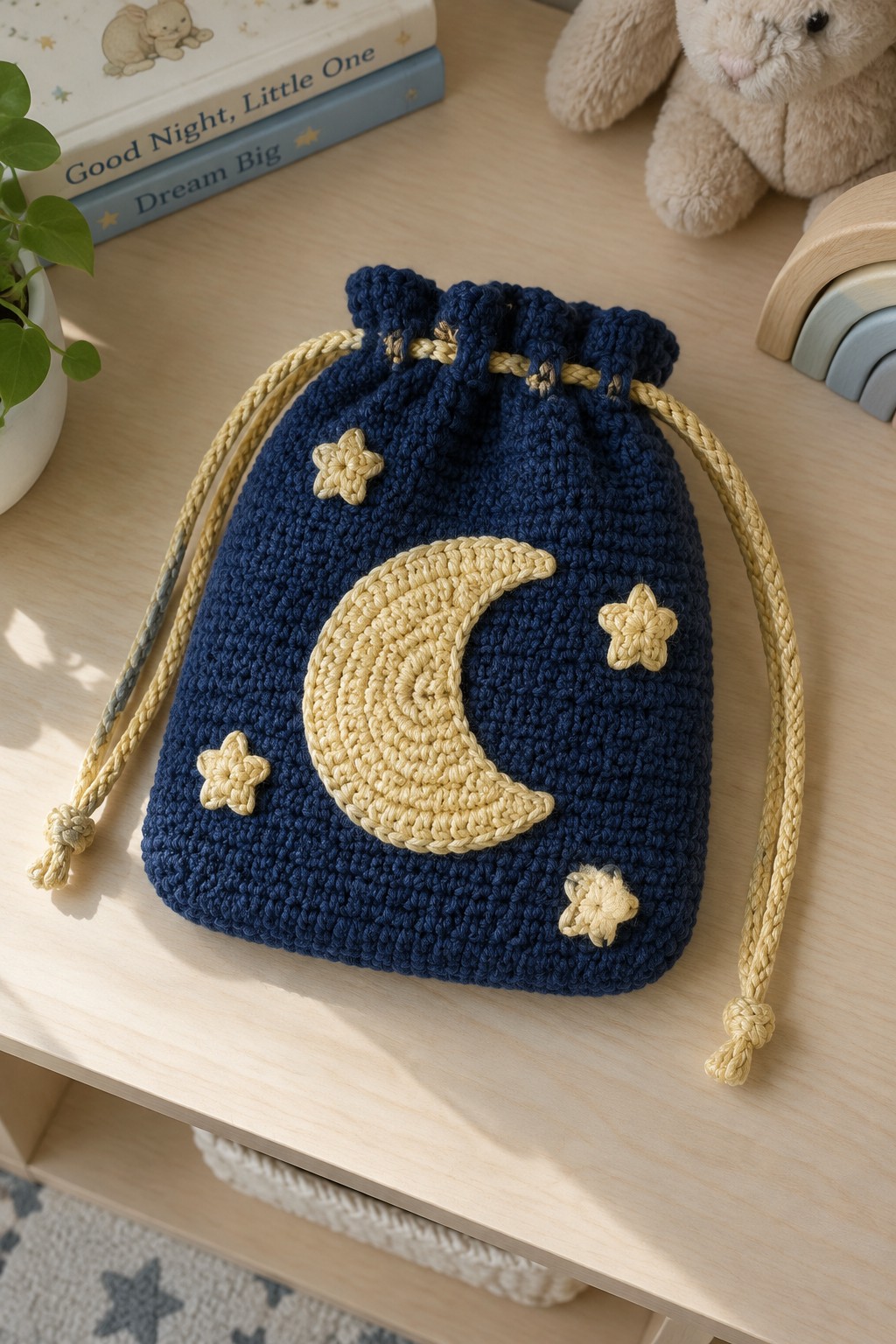 Navy blue crocheted drawstring bag with yellow moon and stars on wooden table