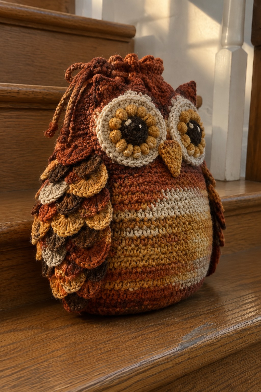 Crocheted owl drawstring bag in orange and brown tones with circular layered eyes and scalloped wings on wooden steps.