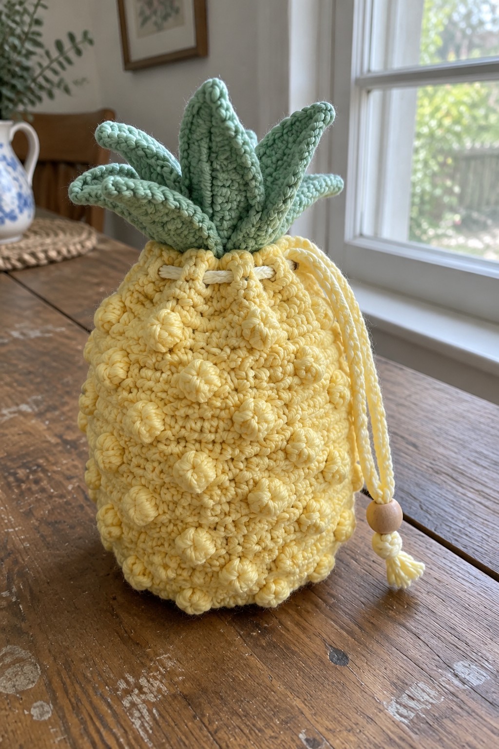 Yellow crocheted pineapple drawstring pouch with green leaves on wooden table