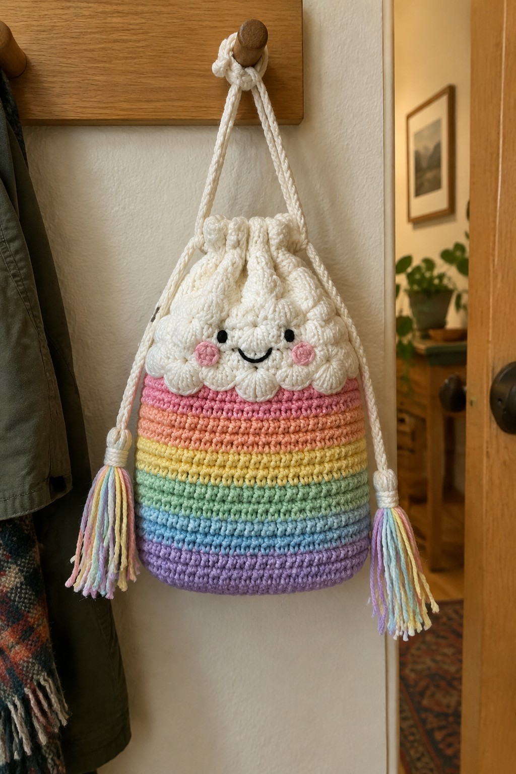 Rainbow crocheted drawstring bag with smiling cloud face and tassels on peg.