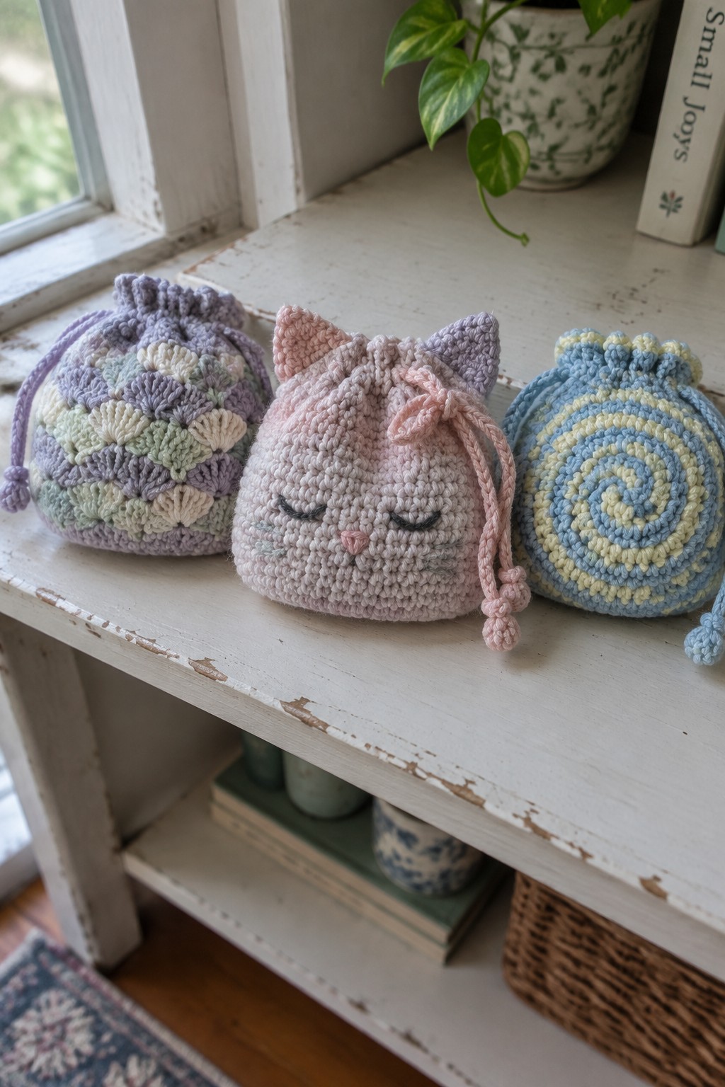 Three pastel crocheted drawstring pouches on a white windowsill, one cat-faced.