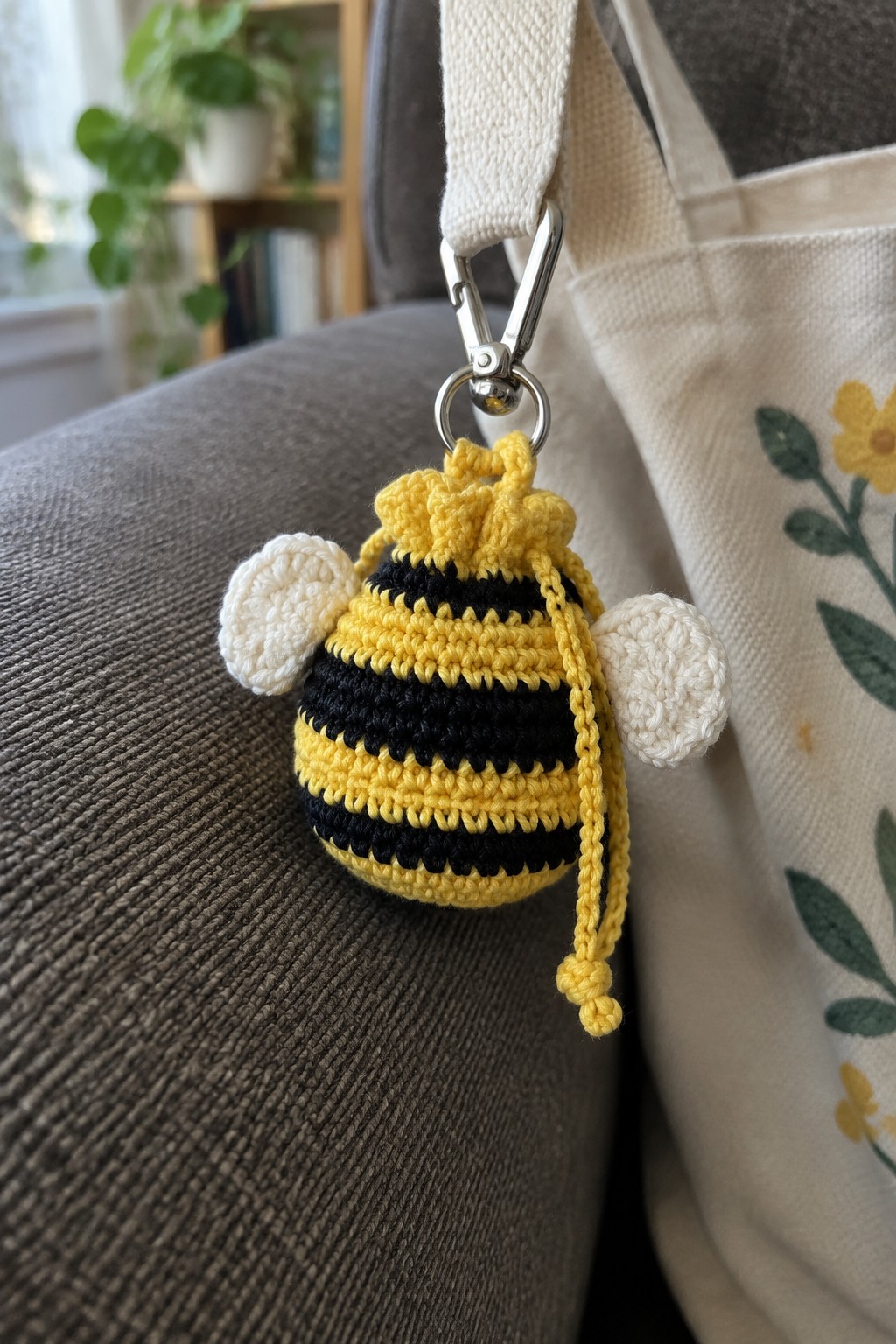 Crocheted yellow black striped bee keychain with white wings on metal clip by tote bag