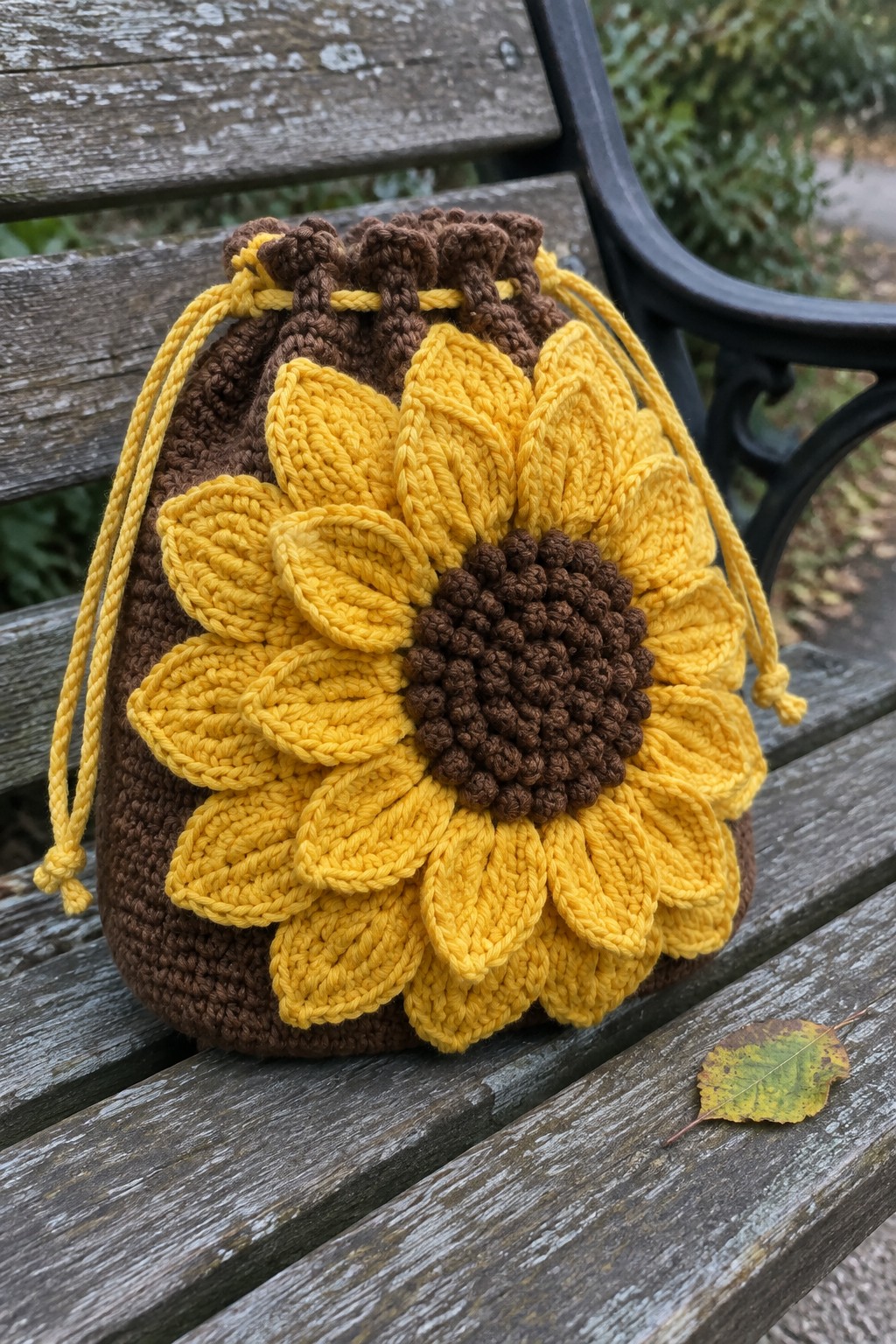 Crocheted yellow sunflower drawstring bag on weathered wooden park bench.