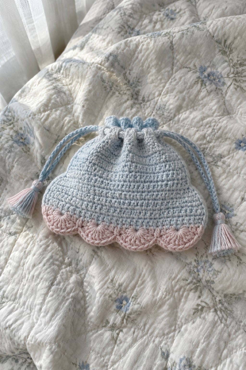 Light blue crocheted drawstring pouch with pink scalloped edge on floral quilt