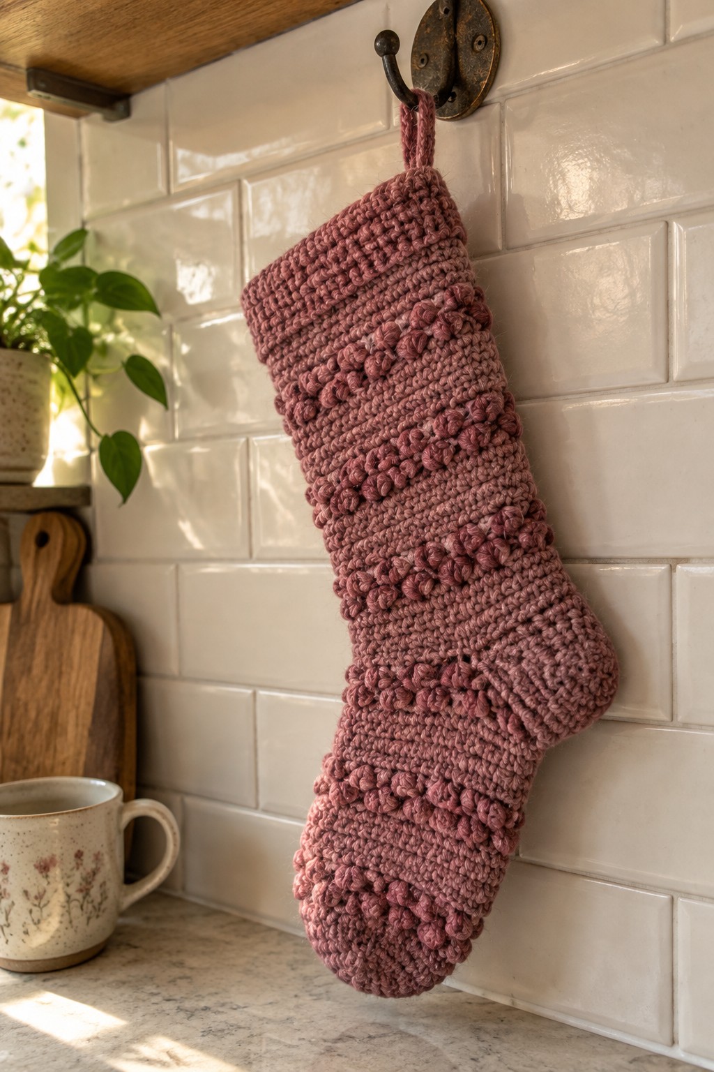 Dusty rose knitted Christmas stocking with bobble texture hanging on metal hook
