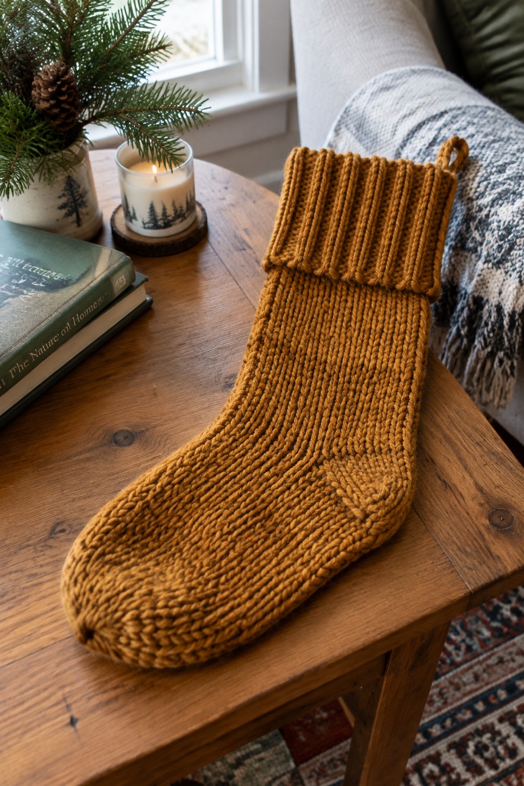 Knitted mustard Christmas stocking on wooden table with lit candle and pine branches
