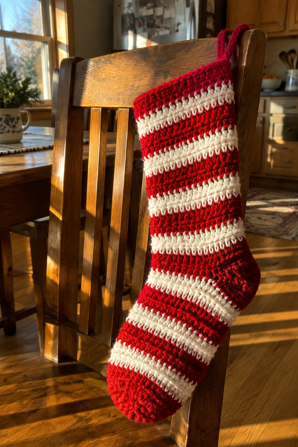 Red and white striped crocheted Christmas stocking hanging on wooden chair in sunlight