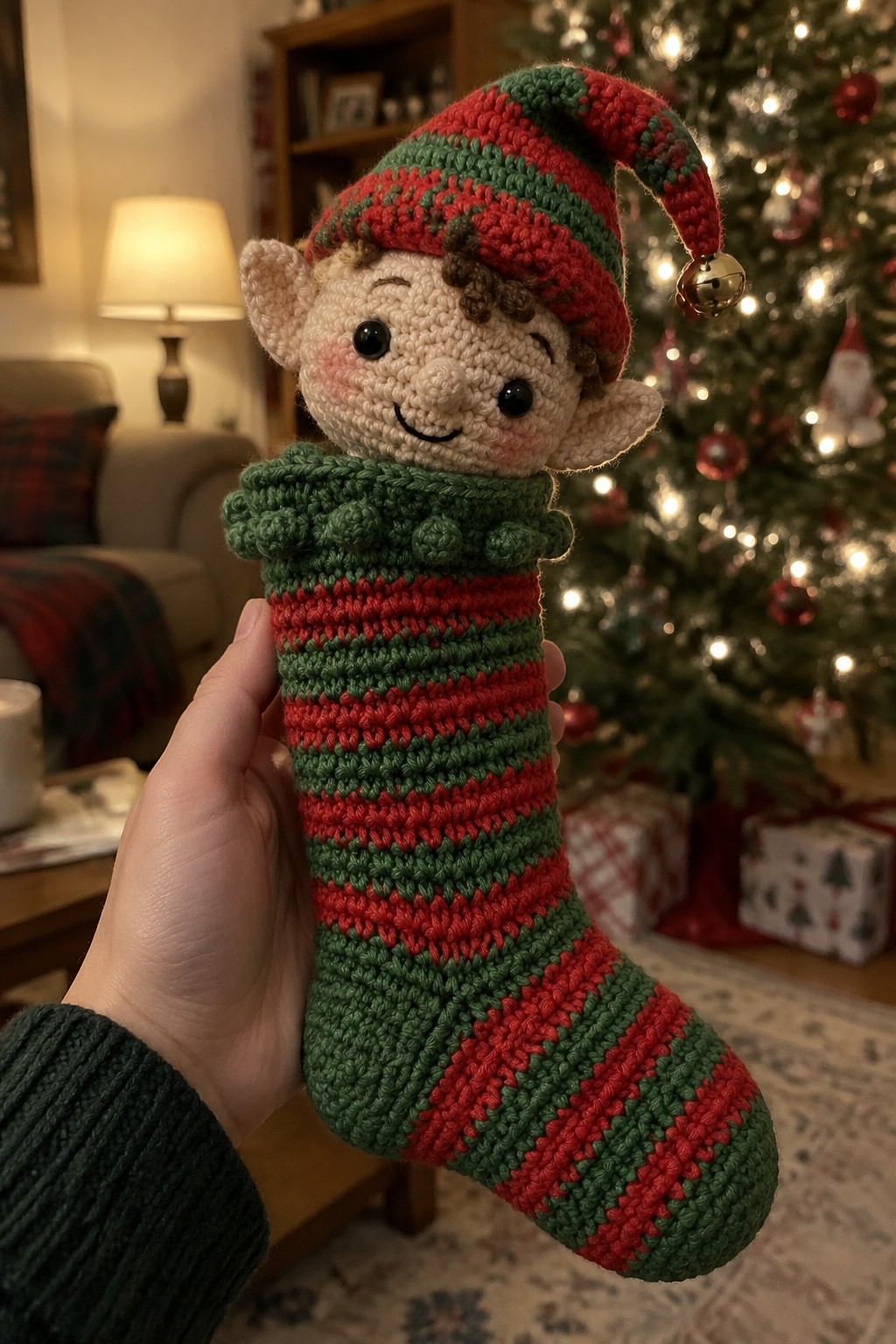 A hand holds a crocheted Christmas stocking with an elf head, striped red and green body, and a bell on the hat.
