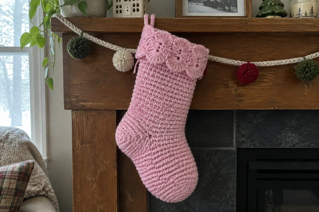 Pink knitted Christmas stocking with floral cuff hangs on wooden mantel beside knitted tree garland
