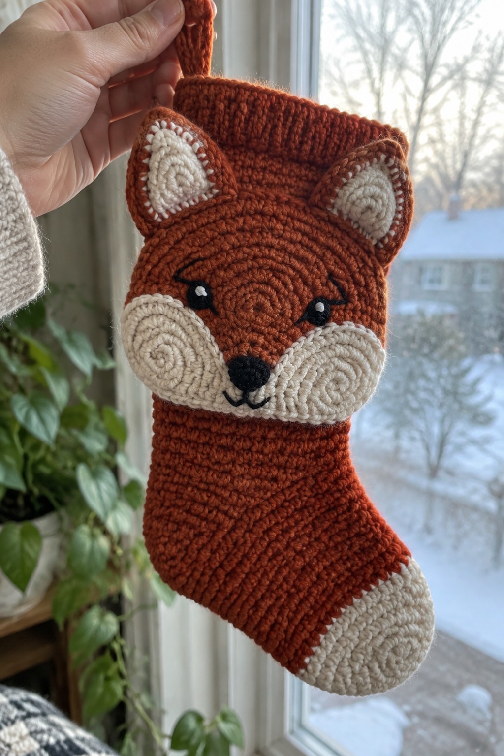 Hand holding crocheted orange fox Christmas stocking with cream muzzle and ears