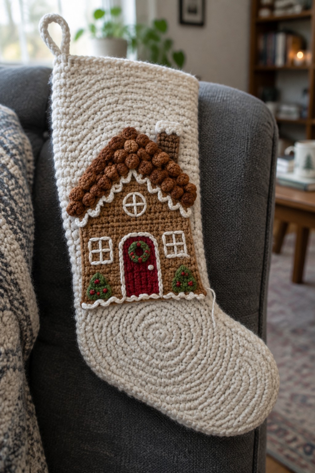 Cream crocheted Christmas stocking with gingerbread house on gray couch.