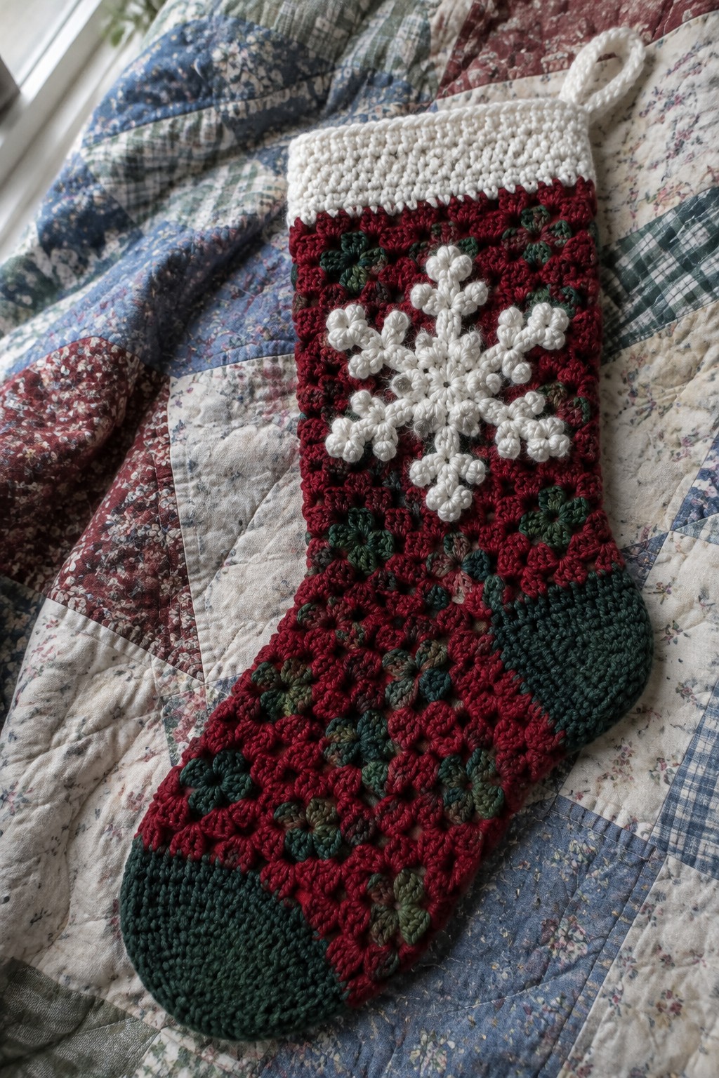 Red crocheted Christmas stocking with white snowflake on patchwork quilt