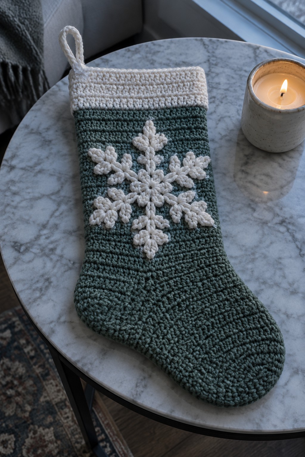 A green crocheted Christmas stocking with a white snowflake motif and white cuff rests on a marble table beside a lit candle.