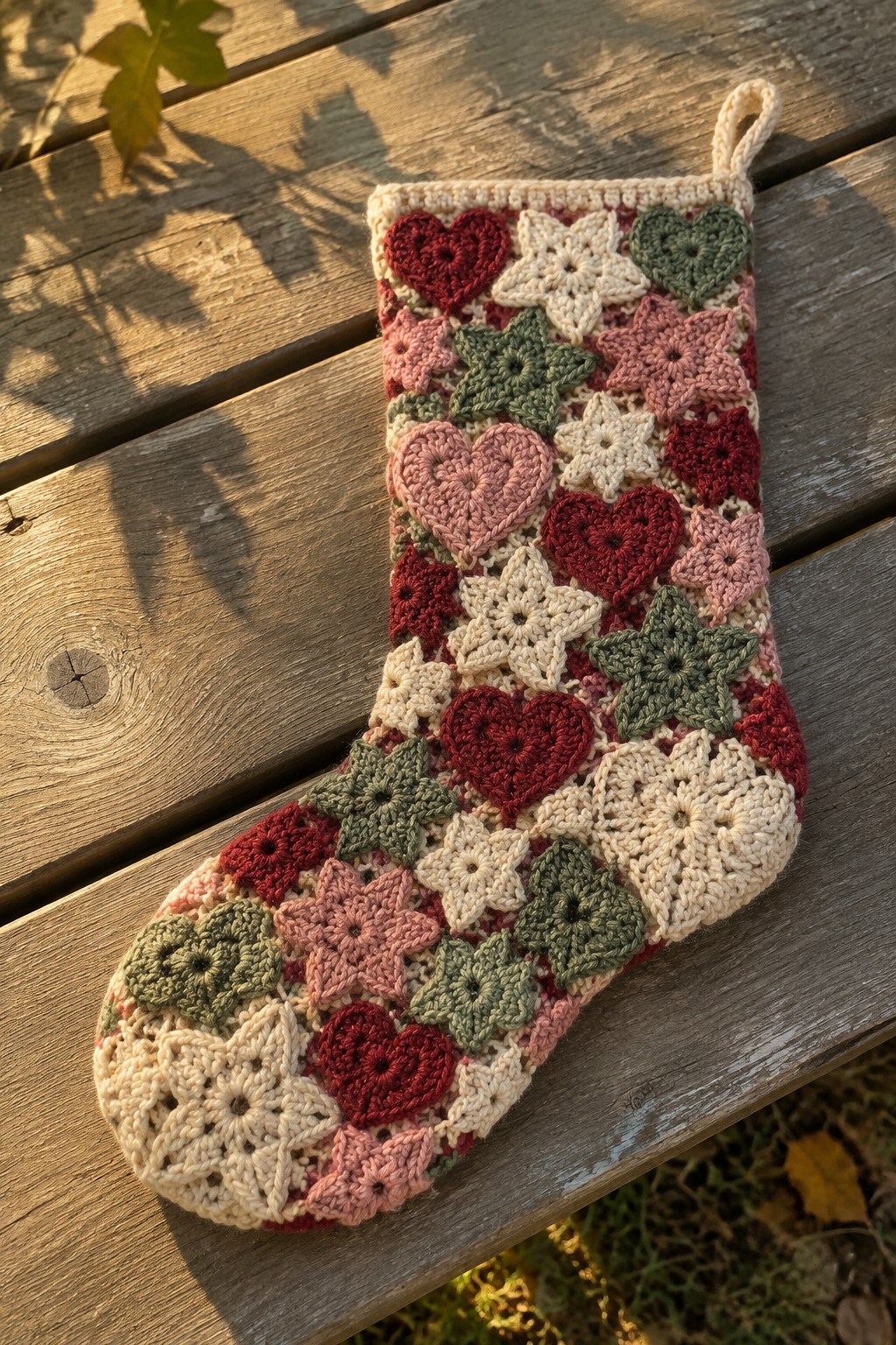 Crocheted Christmas stocking with hearts, stars, and flowers on wooden surface