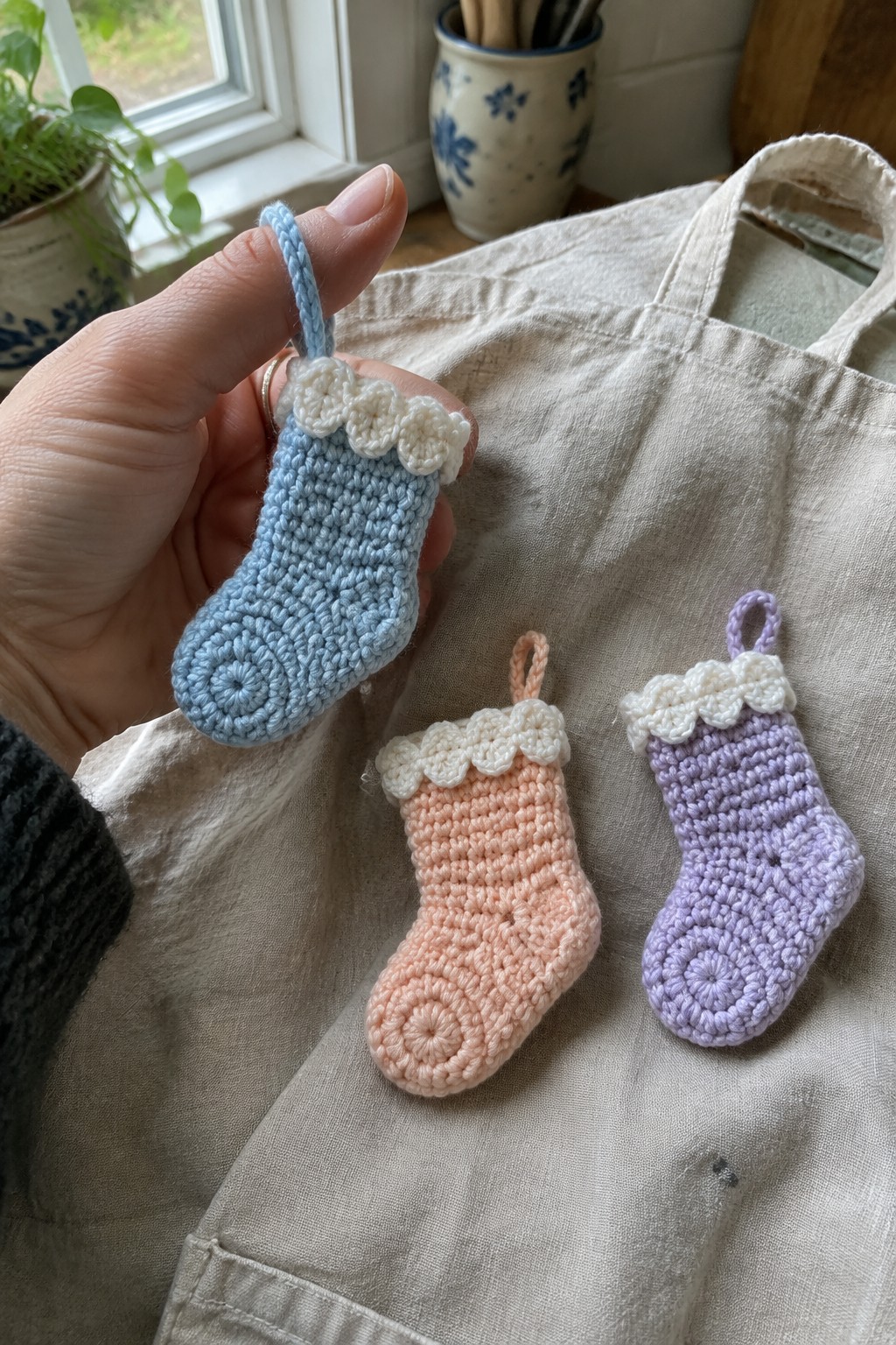 Hand holding blue crocheted stocking beside peach and purple ones on linen fabric
