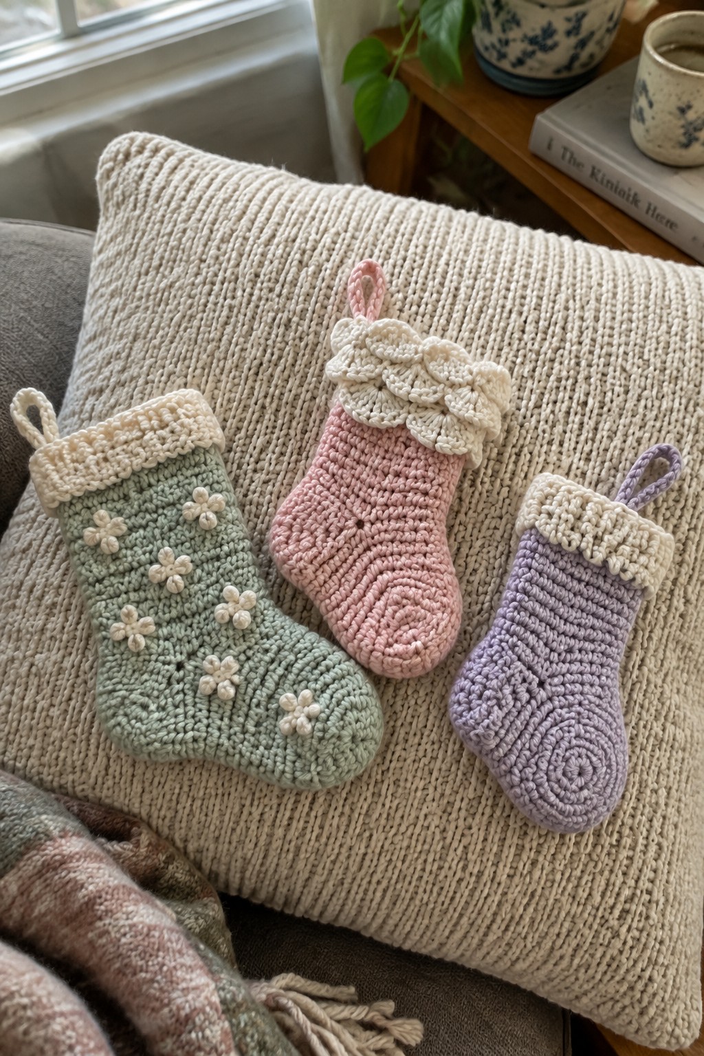 Three crocheted Christmas stockings in green, pink, and purple on beige pillow