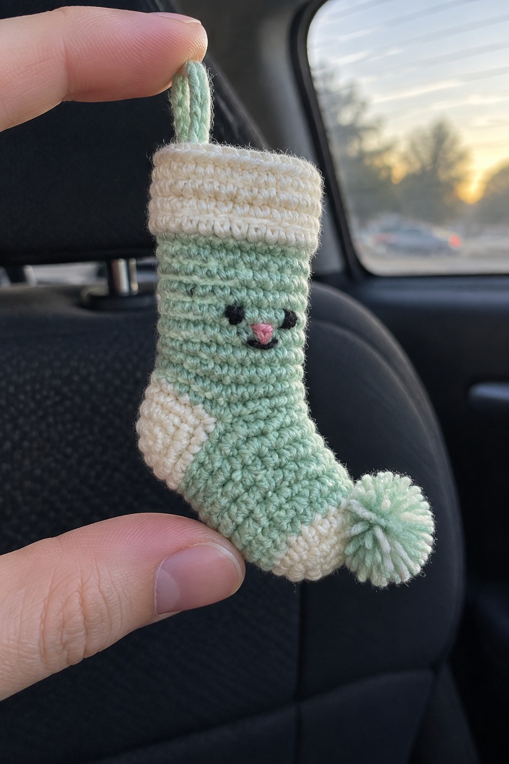 Hand holding crocheted mint green Christmas stocking with embroidered face and pom-pom.