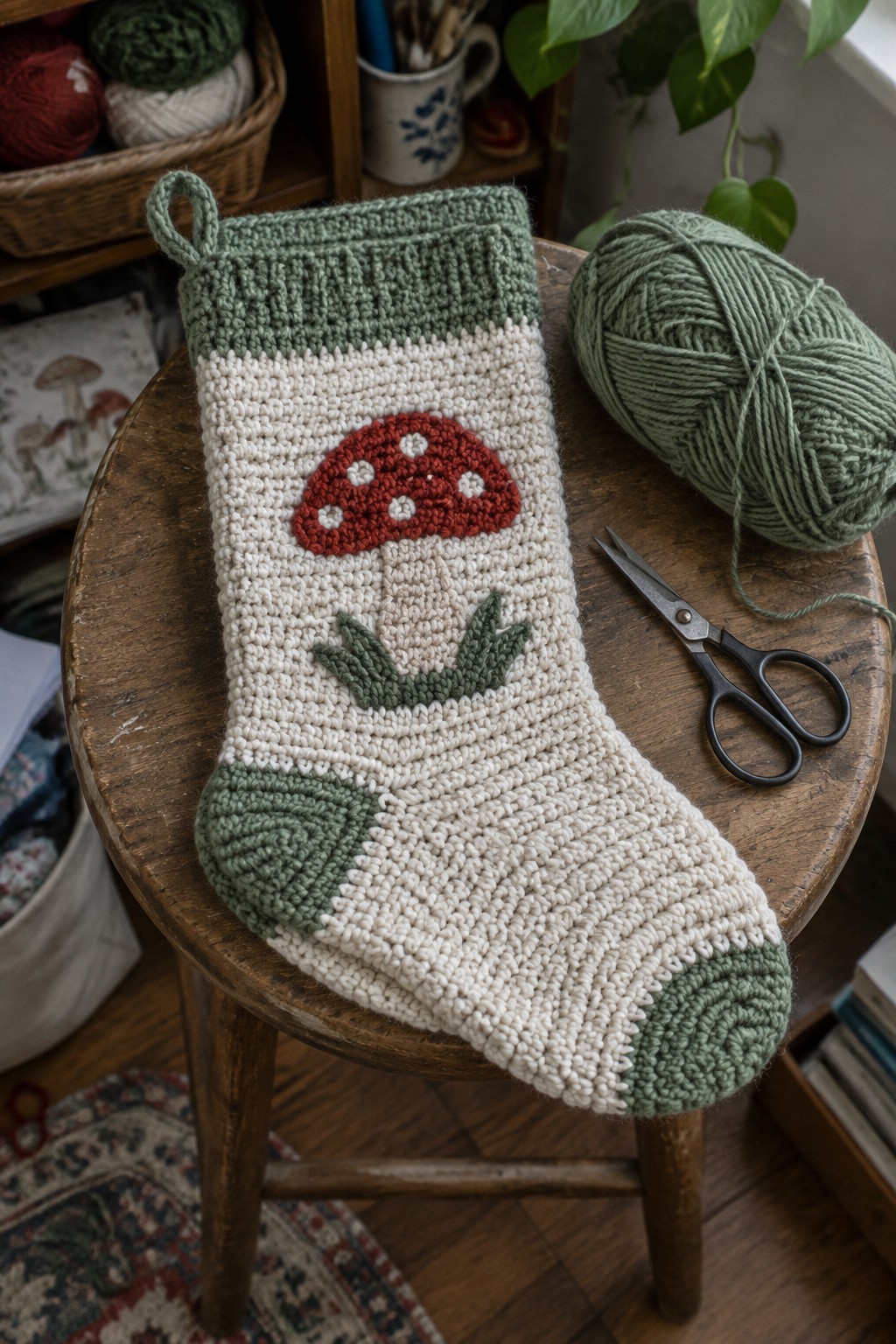 Crocheted cream stocking with red mushroom design beside green yarn and scissors on wooden stool.