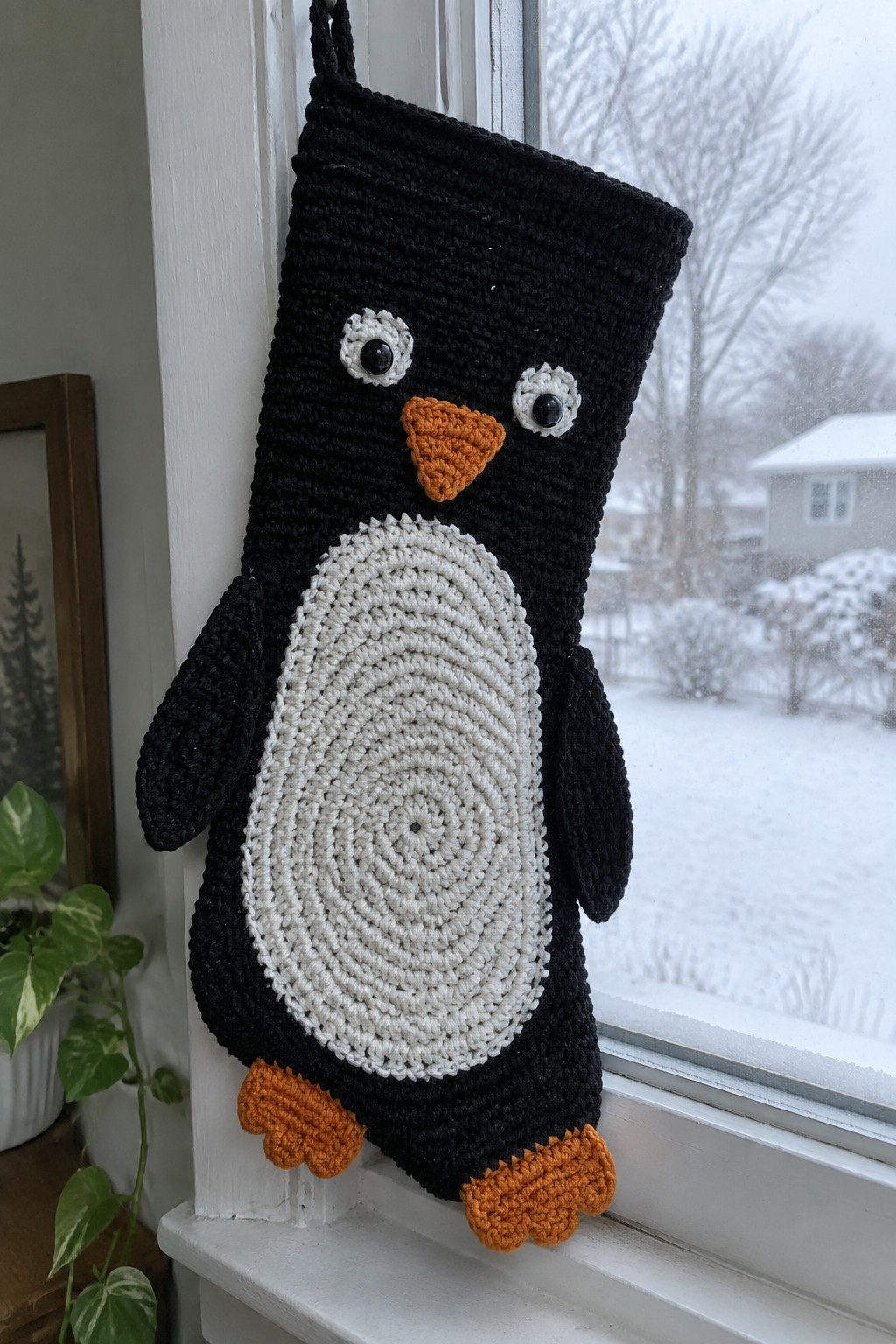Crocheted black penguin stocking with white belly, orange beak and feet on window