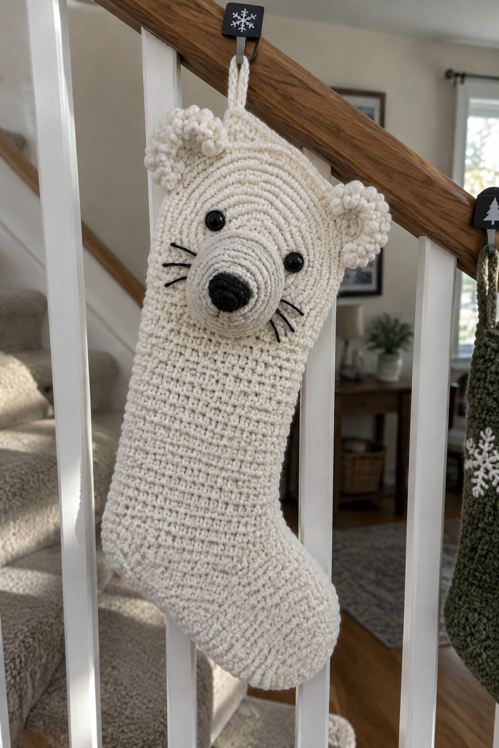 White crocheted polar bear Christmas stocking hanging on wooden staircase railing
