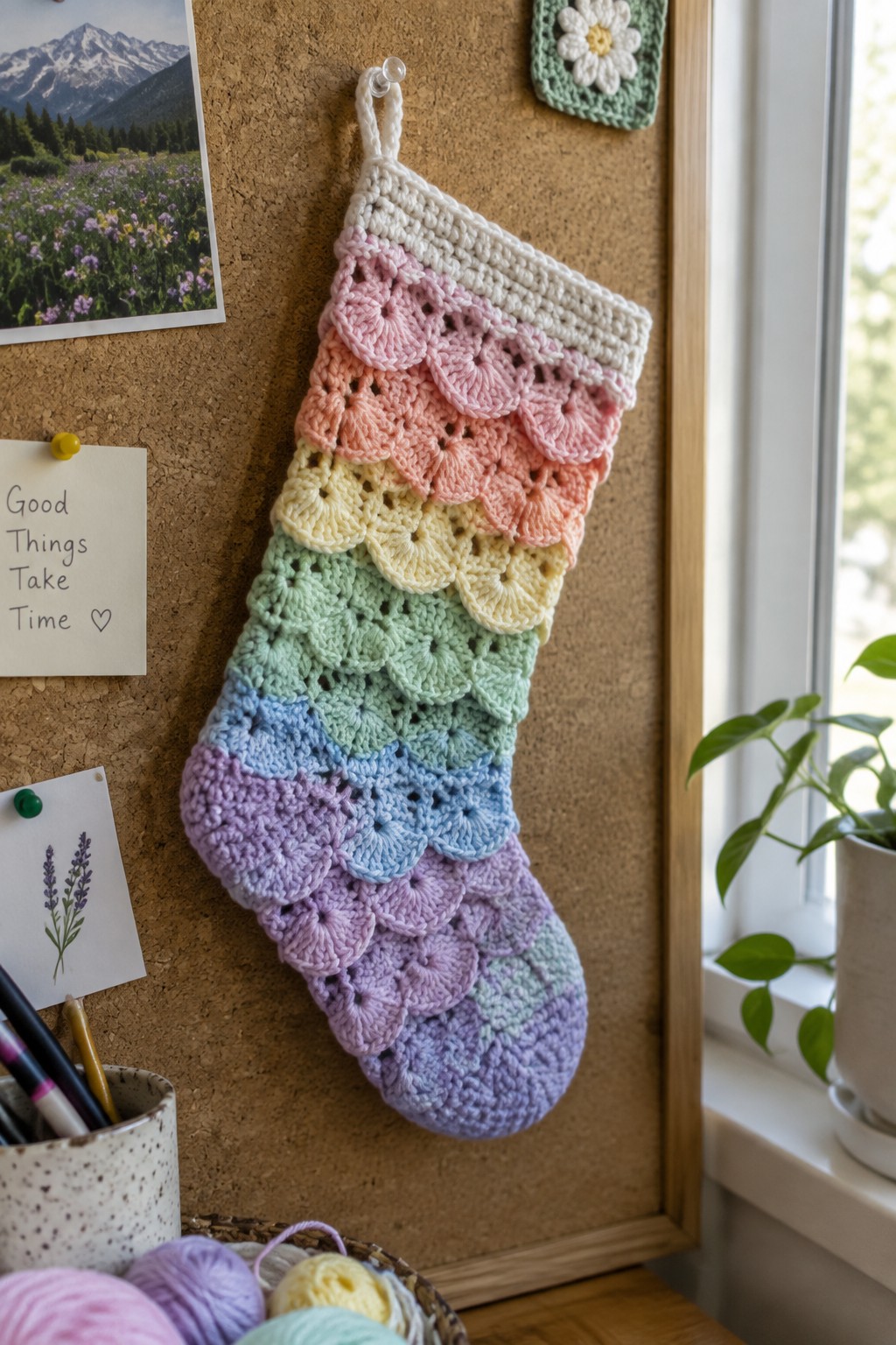 Rainbow crocheted Christmas stocking with scalloped edges on a corkboard with notes and yarn.
