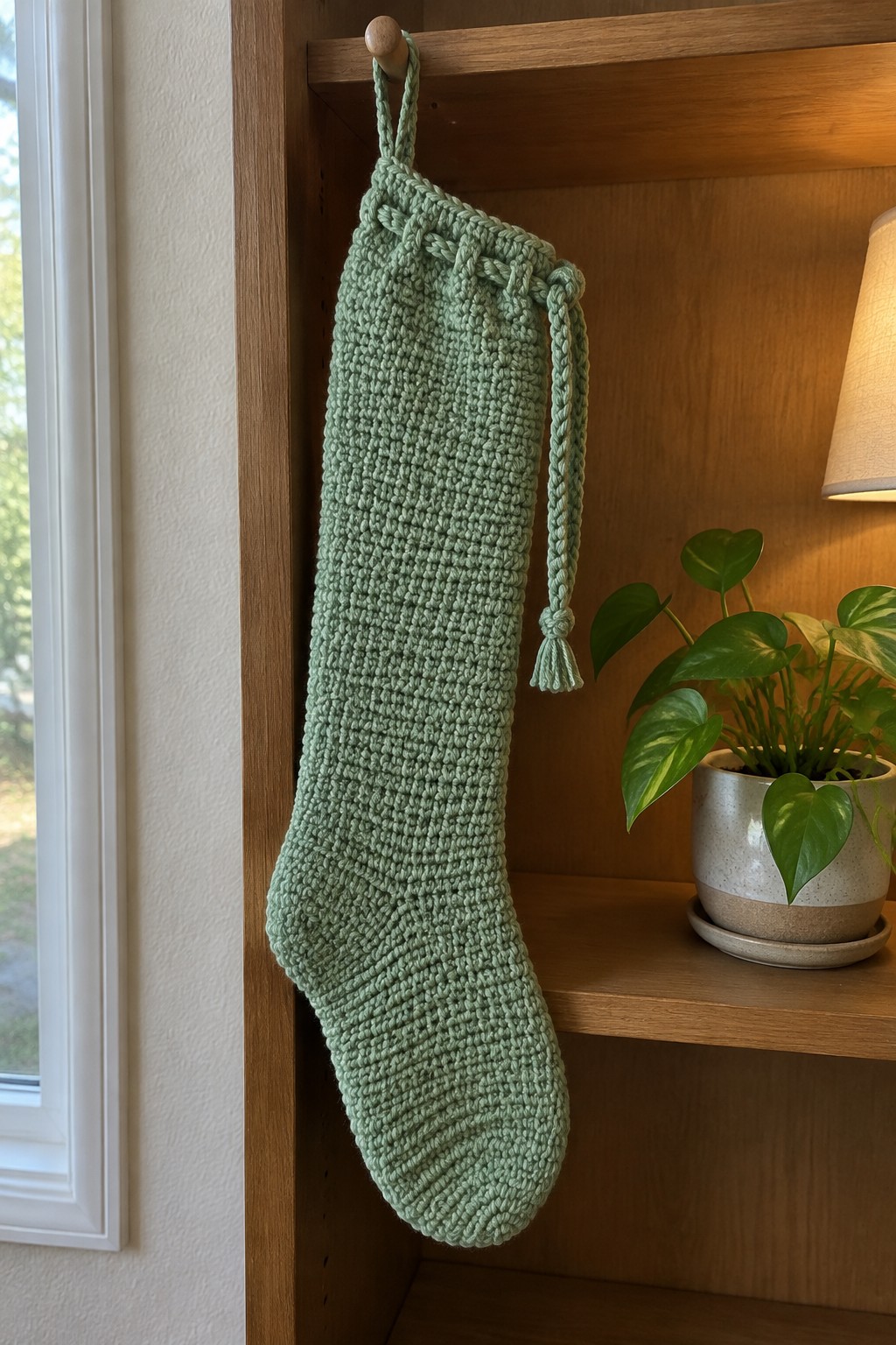 Mint green knitted Christmas stocking hanging from wooden hook beside potted plant
