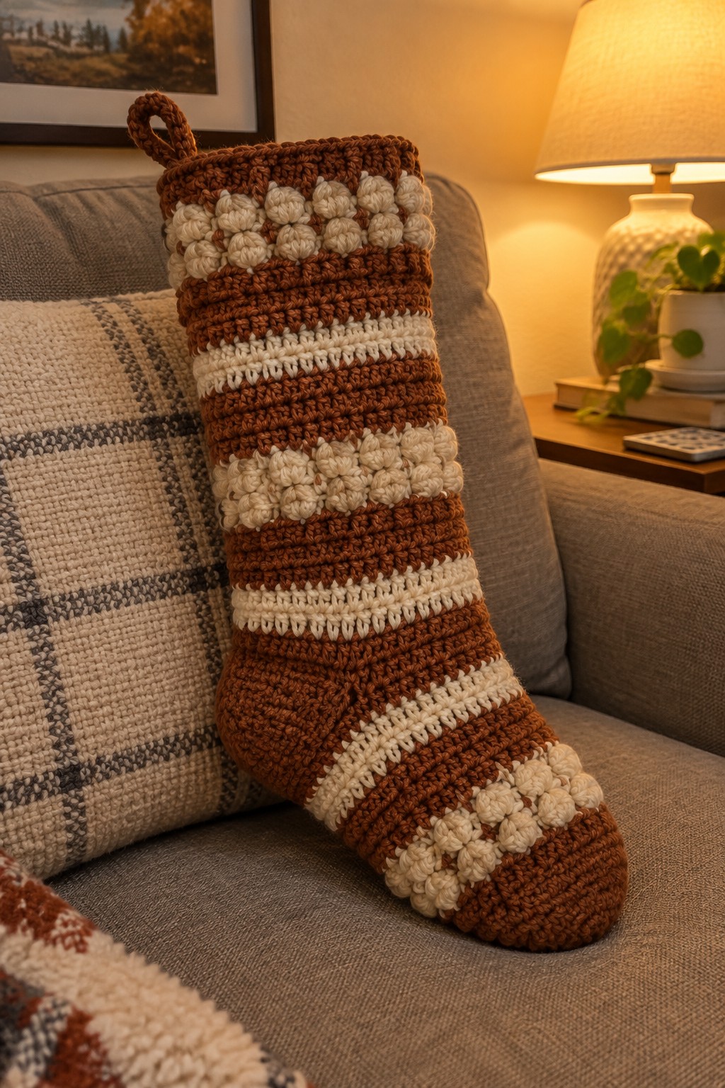 Brown and white bobble crochet Christmas stocking on couch beside plaid pillow