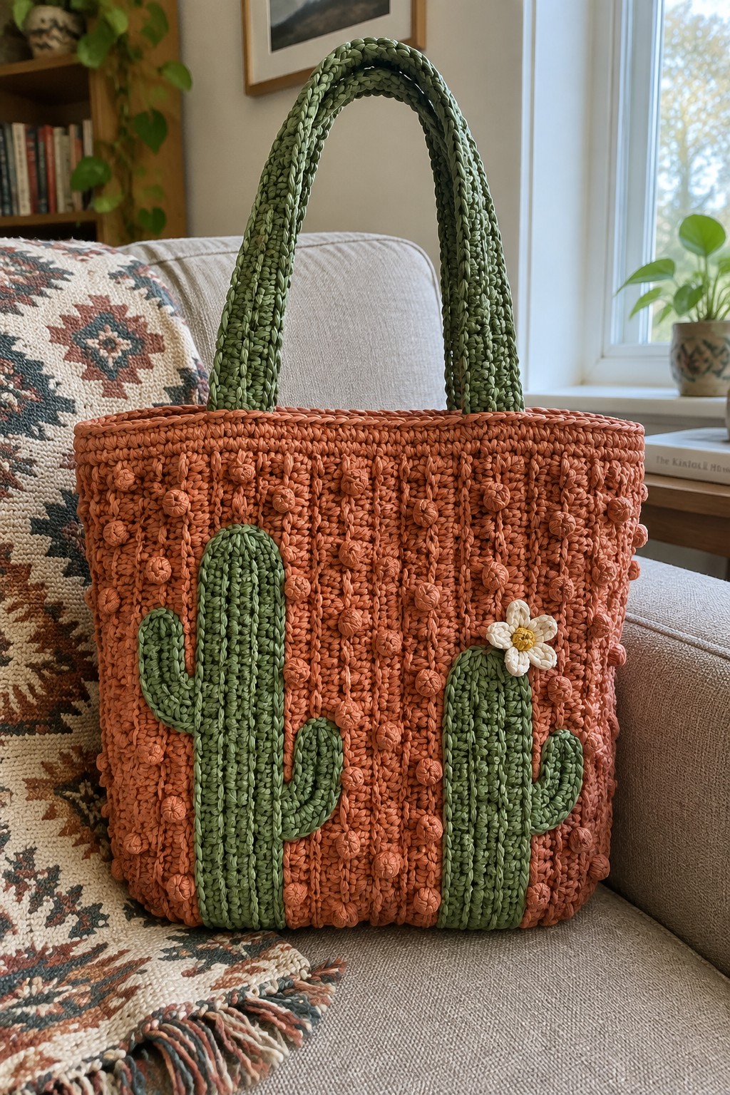 Orange crocheted tote with green cactus appliqués and handles on couch