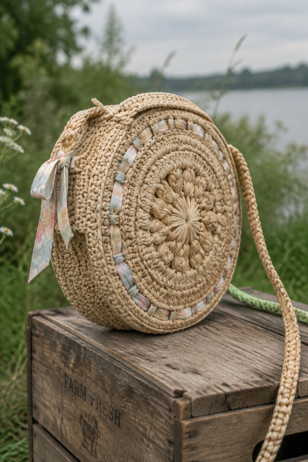 Round crocheted raffia bag with pastel ribbons on rustic