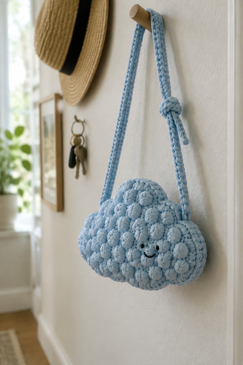 Light blue crocheted cloud bag with smiling face hanging from wooden wall hook.