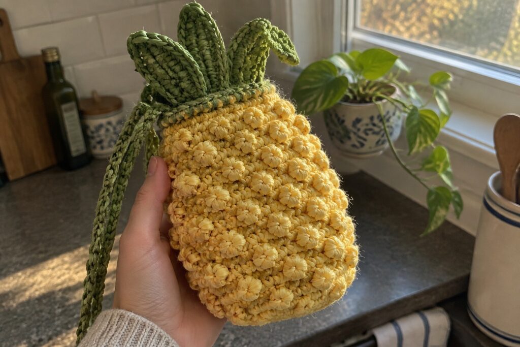 23 Beautiful Raffia Crochet Bags for Lightweight Summer Style Hand holding yellow crocheted pineapple bag with green leafy top in kitchen