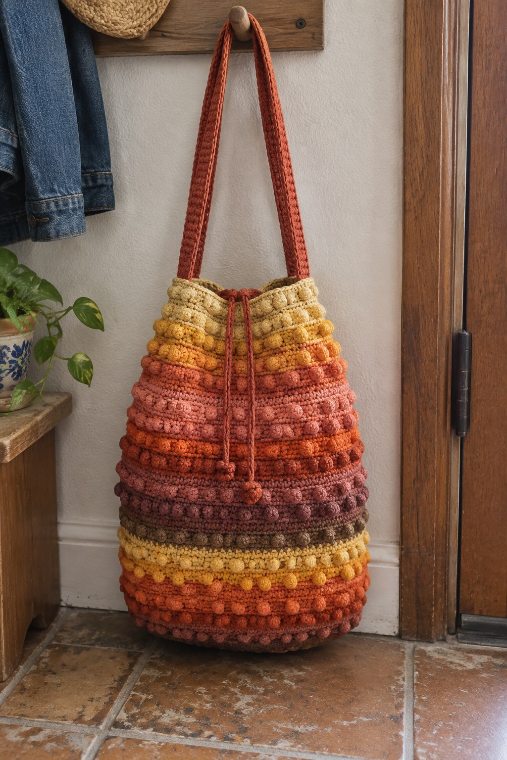 Colorful crocheted bobble drawstring bag with gradient stripes hanging on wooden hook